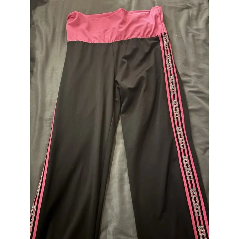 Y2K BCBG Maxazria Foldover Yoga Pants With Glitter Logo, Black & Pink Vintsge M